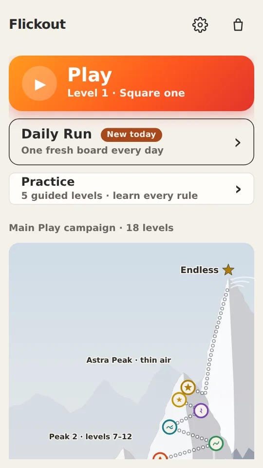 Flickout home: Play, Daily Run, Practice, and the mountain campaign