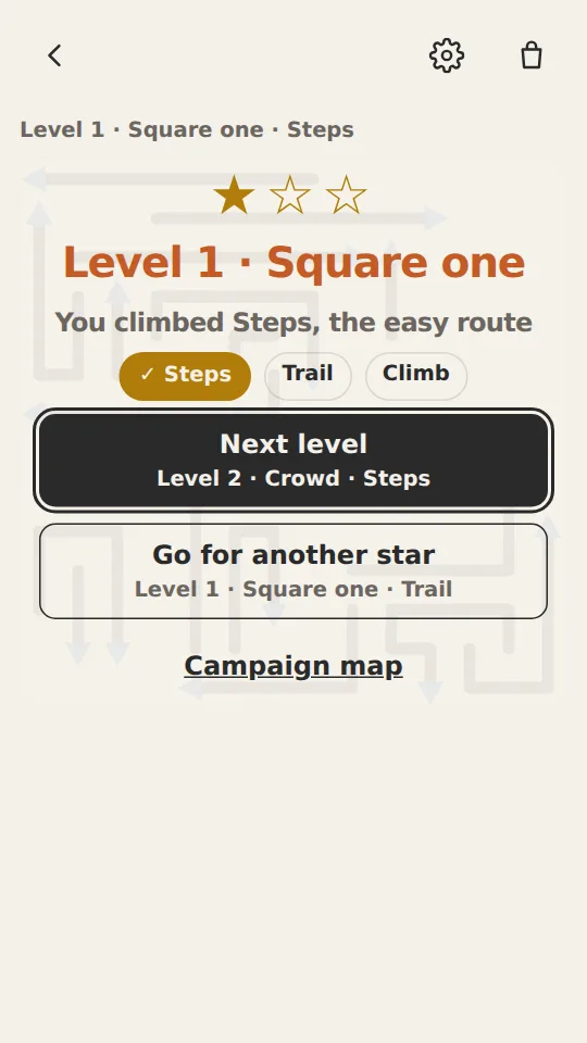 Main Play Level 1 cleared, with a Next level button for Level 2